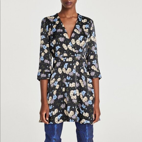 Zara Black Floral Printed Faux Wrap Dress S - Picture 1 of 10